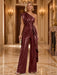 Maroon One Shoulder Pleated Sequin Wide Leg Evening Jumpsuit
