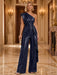 Navy Blue One Shoulder Pleated Sequin Wide Leg Evening Jumpsuit