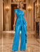 Ocean Blue One Shoulder Pleated Sequin Wide Leg Evening Jumpsuit