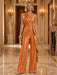 Orange One Shoulder Pleated Sequin Wide Leg Evening Jumpsuit