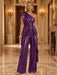 Plum One Shoulder Pleated Sequin Wide Leg Evening Jumpsuit