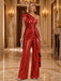 Red One Shoulder Pleated Sequin Wide Leg Evening Jumpsuit