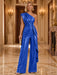 Royal Blue One Shoulder Pleated Sequin Wide Leg Evening Jumpsuit