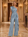 Steel Blue One Shoulder Pleated Sequin Wide Leg Evening Jumpsuit