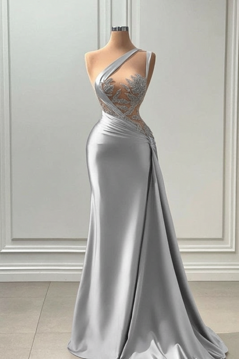 Sleeveless Strapless Silver Long Prom Dress with Pleated Beadings - Prom Dresses