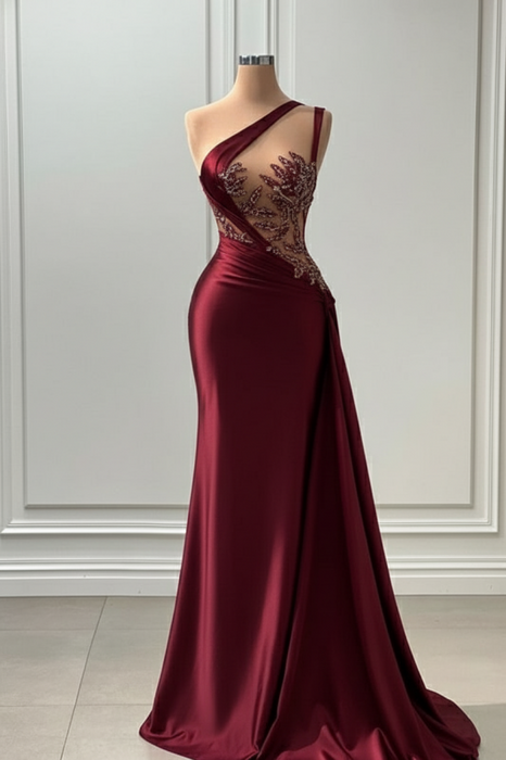 Sleeveless Strapless Burgundy Long Prom Dress with Pleated Beadings - Prom Dresses