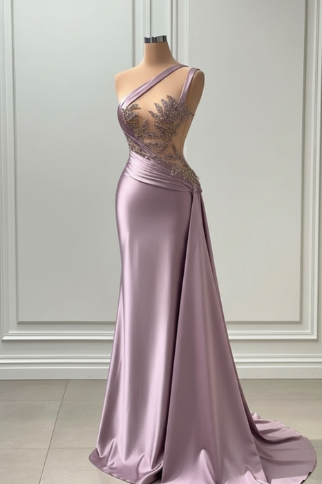 Sleeveless Strapless Dusty Pink Long Prom Dress with Pleated Beadings - Prom Dresses