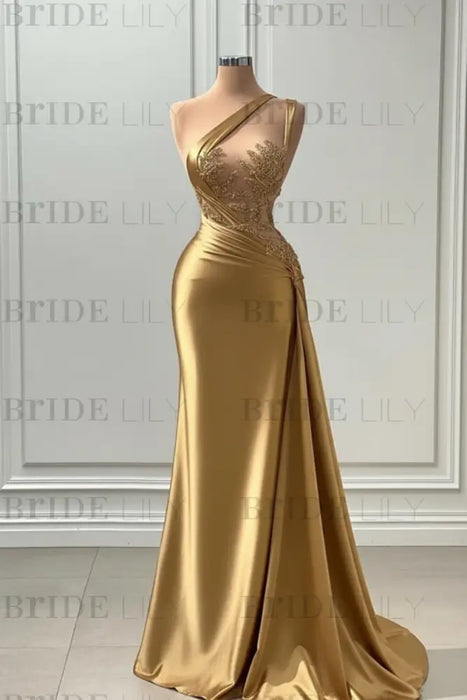 Sleeveless Strapless Gold Long Prom Dress with Pleated Beadings - Prom Dresses