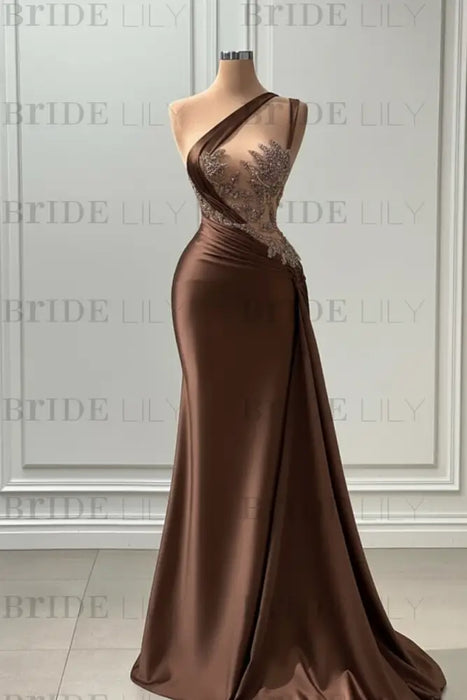 Sleeveless Strapless Brown Long Prom Dress with Pleated Beadings - Prom Dresses
