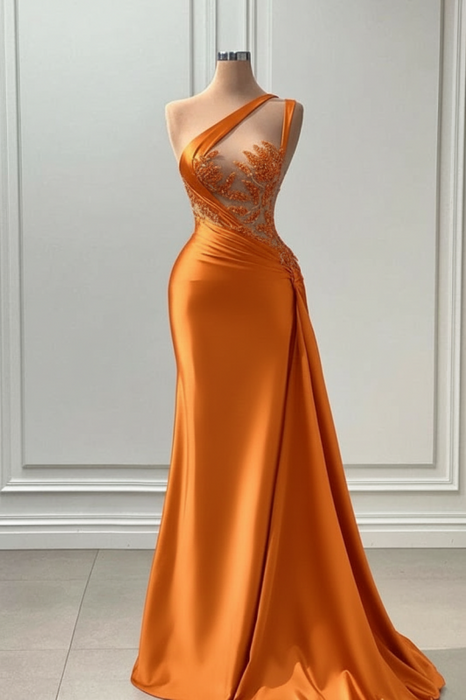 Sleeveless Strapless Ornage Long Prom Dress with Pleated Beadings - Prom Dresses