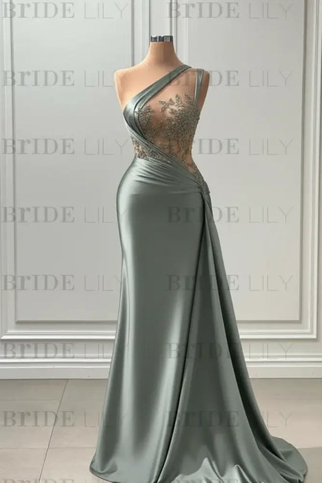 Sleeveless Strapless Dusty Sage Long Prom Dress with Pleated Beadings - Prom Dresses