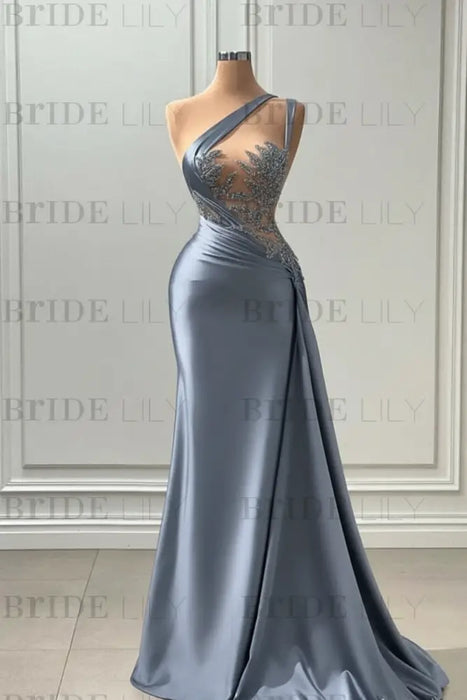 Sleeveless Strapless dusty blue Long Prom Dress with Pleated Beadings - Prom Dresses