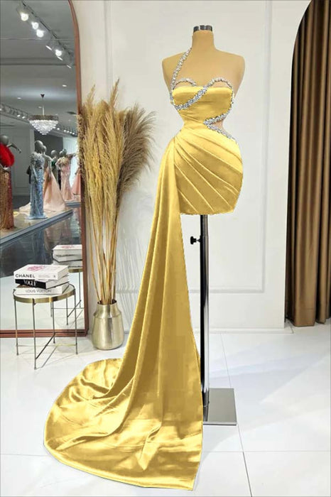 One Shoulder Rhinestone Sleeveless Satin Short Homecoming Dress - Prom Dresses