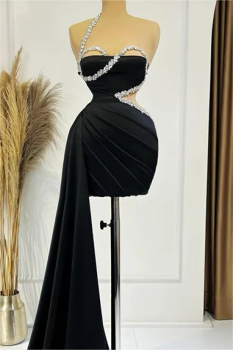 One Shoulder Rhinestone Sleeveless Satin Short Homecoming Dress - Prom Dresses