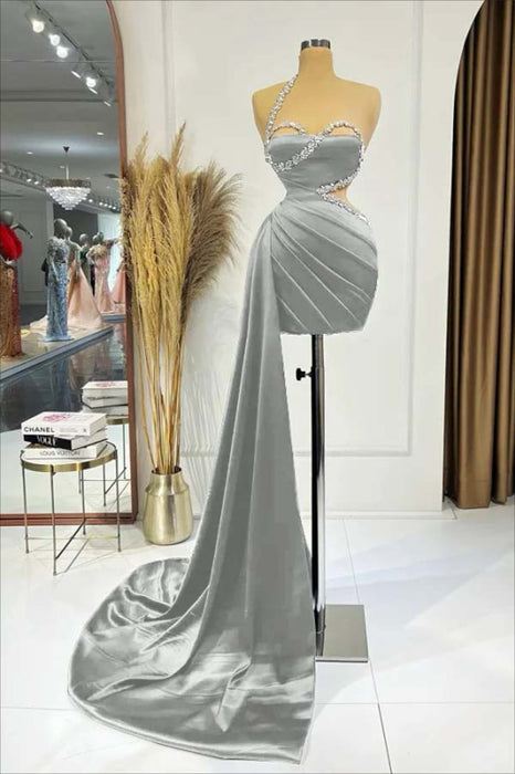 One Shoulder Rhinestone Sleeveless Satin Short Homecoming Dress - Prom Dresses