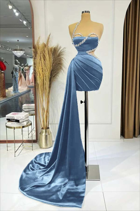One Shoulder Rhinestone Sleeveless Satin Short Homecoming Dress - Prom Dresses