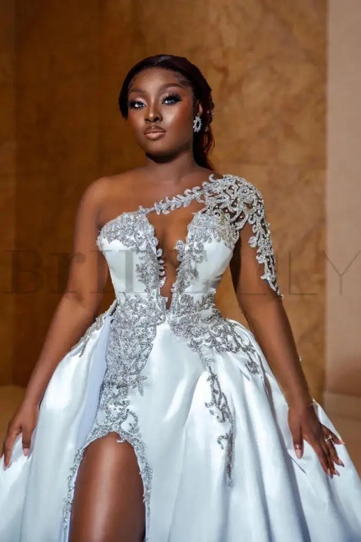 One Shoulder Satin Aline Wedding Dresses Front Slit Wedding Dresses with Train - wedding dresses