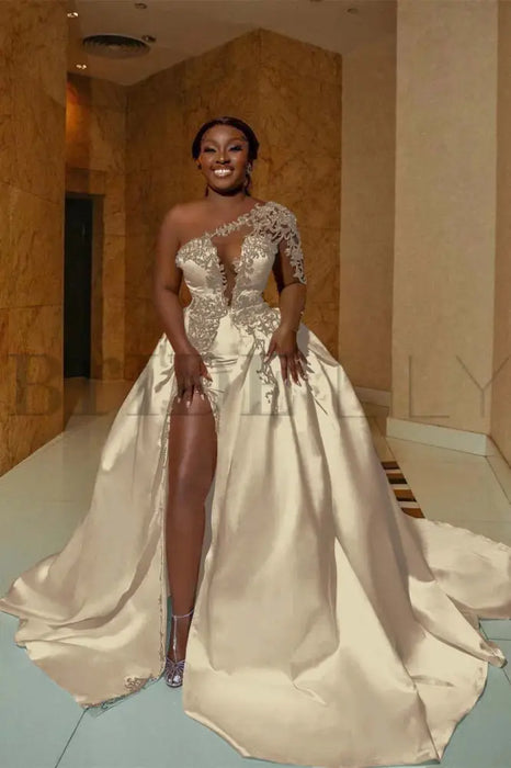 One Shoulder Satin Wedding Dress with Slit A-Line Bridal Gown - Bridelily One Shoulder Satin Wedding Dress with Slit A-Line Bridal Gown - Bridelily