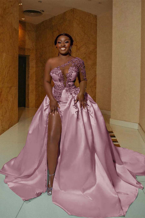 One Shoulder Satin Aline Wedding Dresses Front Slit Wedding Dresses with Train - wedding dresses