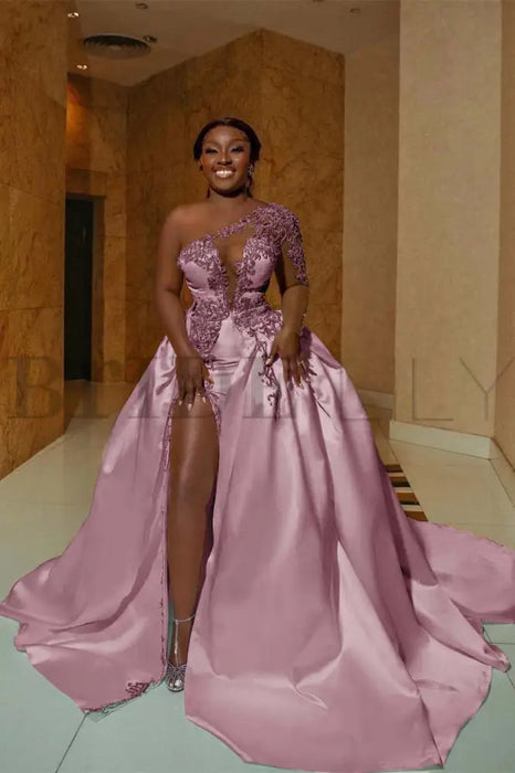 One Shoulder Satin Aline Wedding Dresses Front Slit Wedding Dresses with Train - wedding dresses