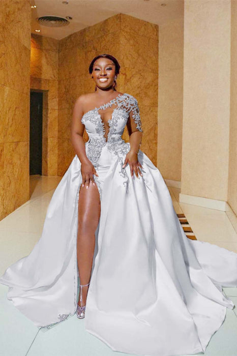 One Shoulder Satin Aline Wedding Dresses Front Slit Wedding Dresses with Train - wedding dresses