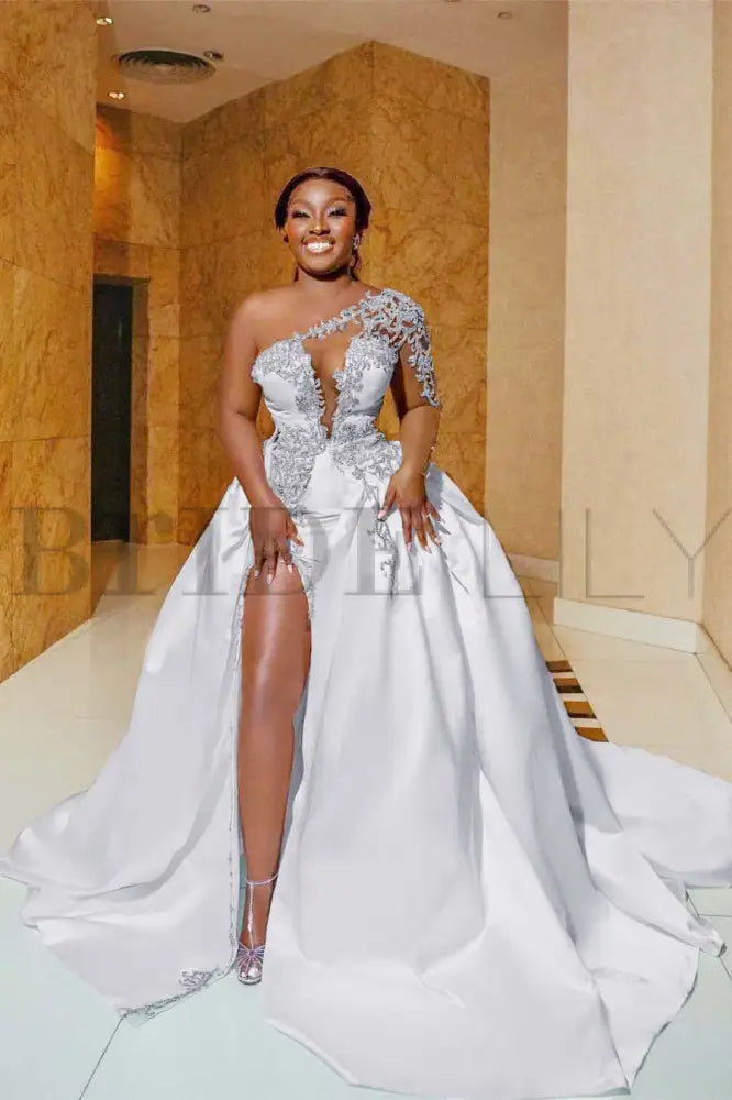 One Shoulder Satin Aline Wedding Dresses Front Slit Wedding Dresses with Train - wedding dresses