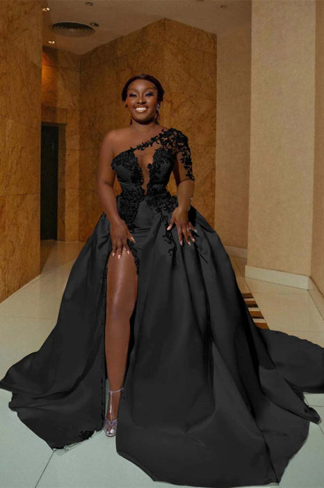 One Shoulder Satin Aline Wedding Dresses Front Slit Wedding Dresses with Train - wedding dresses