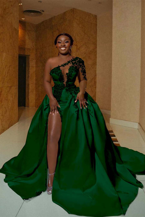 One Shoulder Satin Aline Wedding Dresses Front Slit Wedding Dresses with Train - wedding dresses