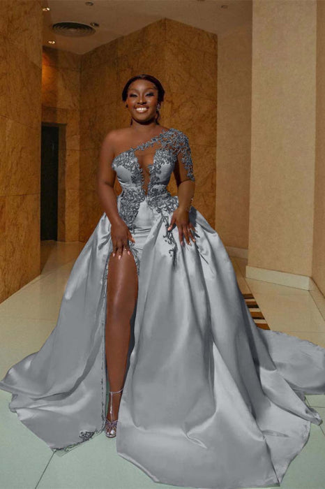 One Shoulder Satin Aline Wedding Dresses Front Slit Wedding Dresses with Train - wedding dresses