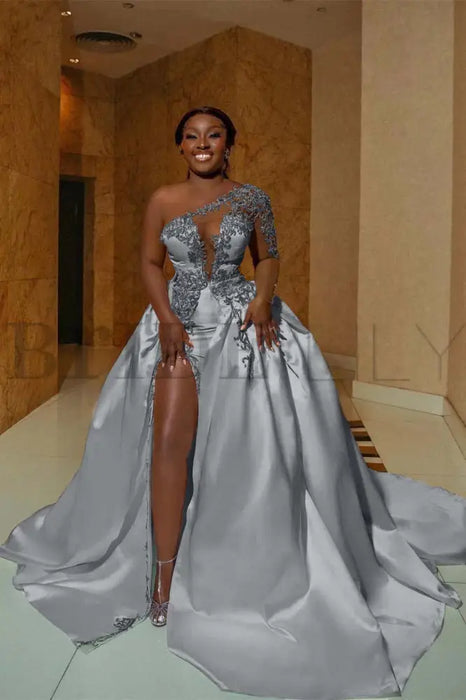 One Shoulder Satin Wedding Dress with Slit A-Line Bridal Gown
