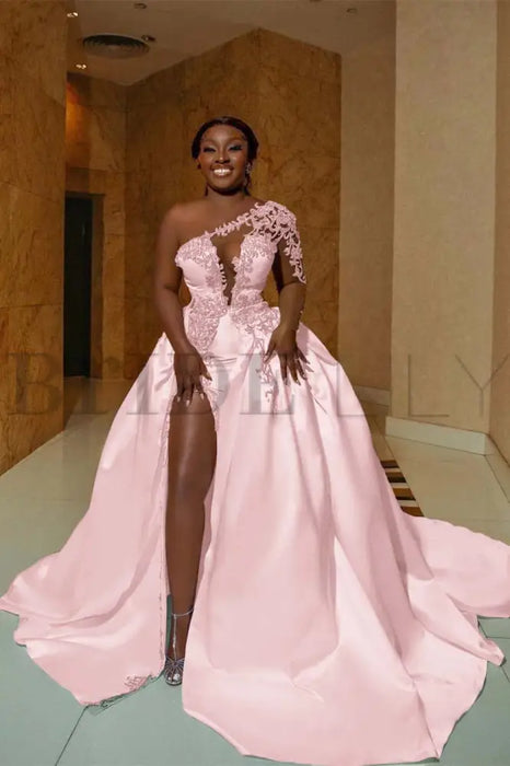 open lace back dress One Shoulder Satin Wedding Dress with Slit A-Line Bridal Gown