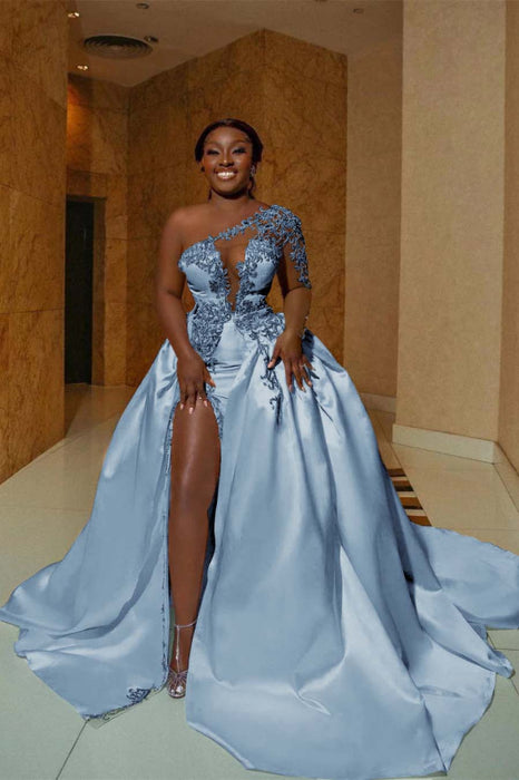 One Shoulder Satin Aline Wedding Dresses Front Slit Wedding Dresses with Train - wedding dresses