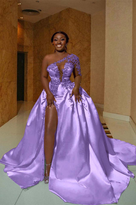 One Shoulder Satin Aline Wedding Dresses Front Slit Wedding Dresses with Train - wedding dresses