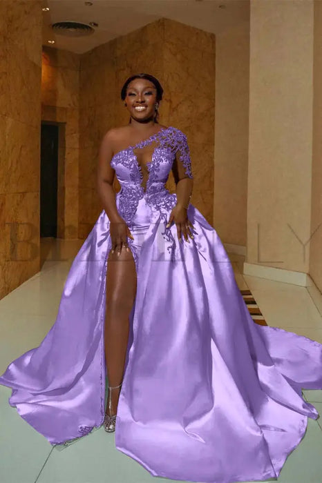 One Shoulder Satin Aline Wedding Dresses Front Slit Wedding Dresses with Train - wedding dresses