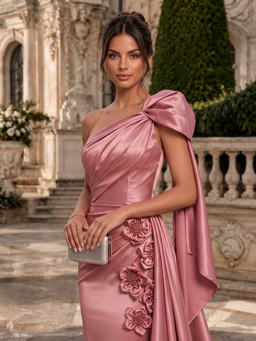 One Shoulder Satin Mermaid Evening Dresses with 3D Flowers