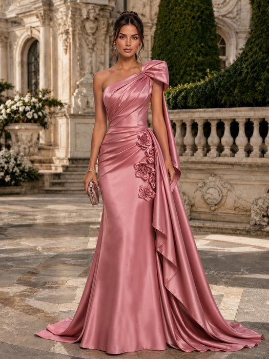 One Shoulder Satin Mermaid Evening Dresses with 3D Flowers