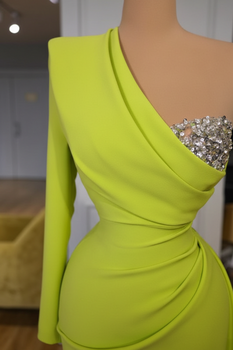 One Shoulder Sequins Mermaid Prom Dress With Long Sleeve