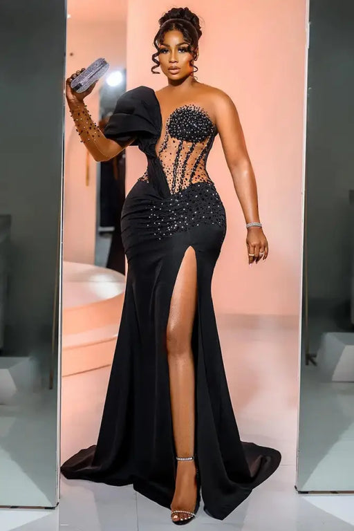 One Shoulder Satin Mermaid Prom Dress with Side Split