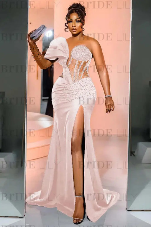 Blush Pink One Shoulder Satin Mermaid Prom Dress with Side Split