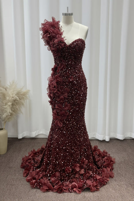 One Shoulder Sequins Prom Dres Mermaid Bedings Evening Gown Long - Prom Dresses