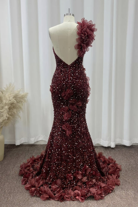 One Shoulder Sequins Prom Dres Mermaid Bedings Evening Gown Long - Prom Dresses