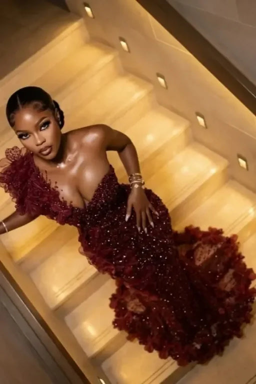 One Shoulder Sequins Prom Dres Mermaid Bedings Evening Gown Long - Prom Dresses