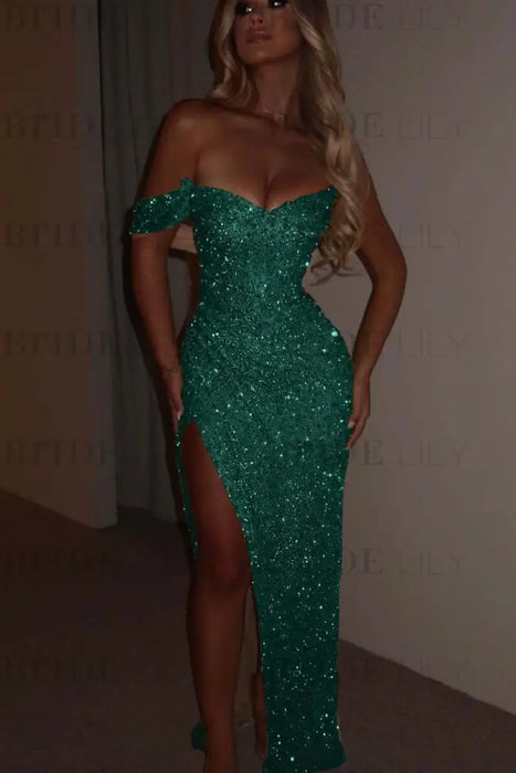 Green One Shoulder Sequins Prom Dress Mermaid Long with Side Split