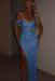 Dusty Blue One Shoulder Sequins Prom Dress Mermaid Long with Side Split