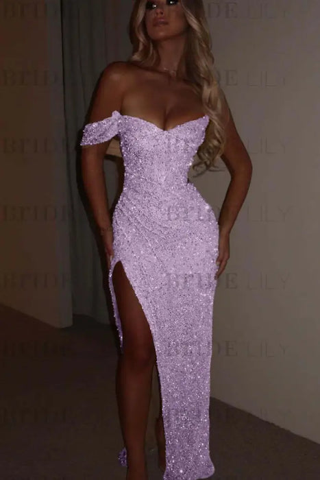 Lilac One Shoulder Sequins Prom Dress Mermaid Long with Side Split