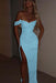Sky Blue One Shoulder Sequins Prom Dress Mermaid Long with Side Split