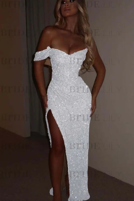 White One Shoulder Sequins Prom Dress Mermaid Long with Side Split