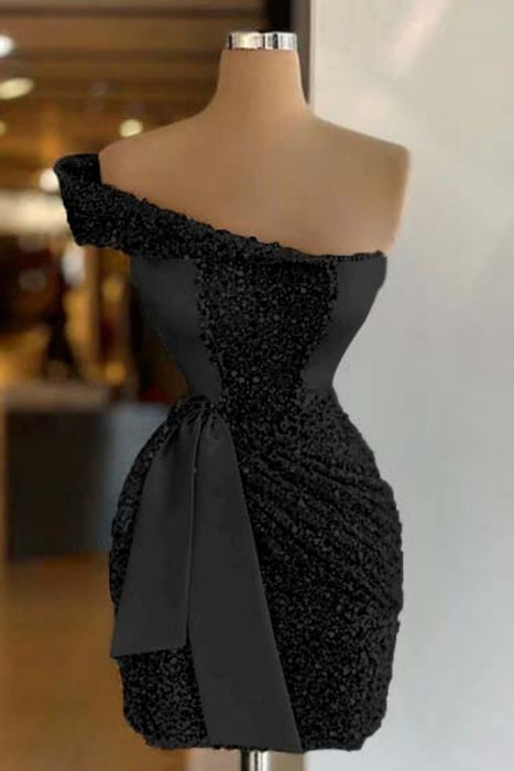 Black One Shoulder Short Sequined Prom Dress Ruffles Tight Homecoming Dress