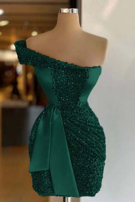 Dark Green One Shoulder Short Sequined Prom Dress Ruffles Tight Homecoming Dress
