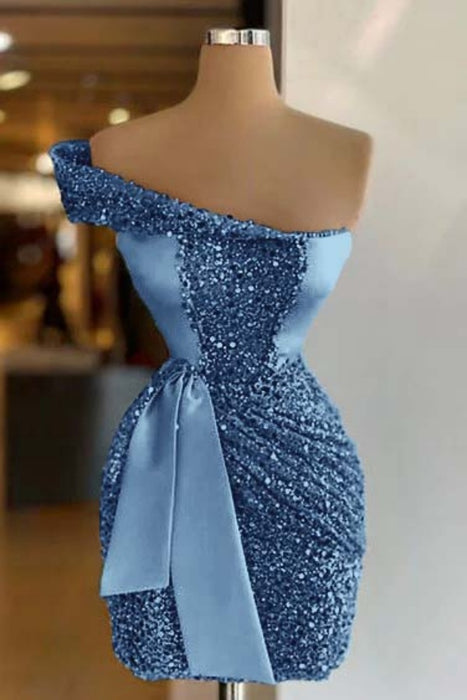 Dusty Blue One Shoulder Short Sequined Prom Dress Ruffles Tight Homecoming Dress